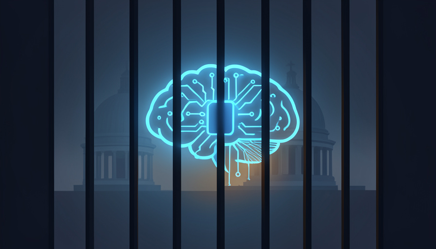 Conceptual illustration of a glowing AI brain icon behind prison-style bars with a legislative dome silhouette
