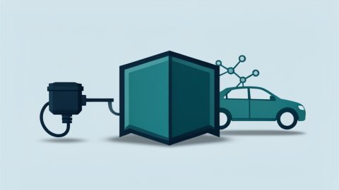 Conceptual illustration of an OBD2 connector meeting a shielded gateway barrier before reaching a car's network, evoking secured vehicle diagnostics