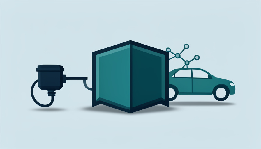 Conceptual illustration of an OBD2 connector meeting a shielded gateway barrier before reaching a car's network, evoking secured vehicle diagnostics