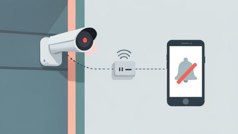 An outdoor camera recording on a wall connected through a router to a phone showing a notification bell crossed out