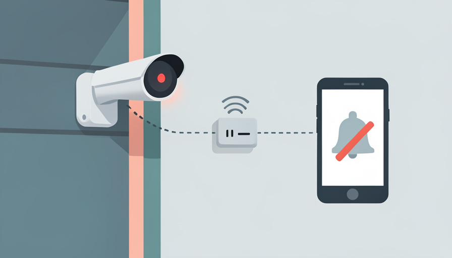An outdoor camera recording on a wall connected through a router to a phone showing a notification bell crossed out