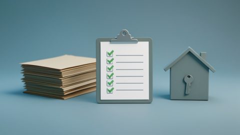 Conceptual illustration of a stack of document folders with a checklist and a small house-and-key icon, evoking a self-employed renter's application paperwork