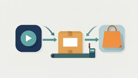 Two app icons, a video circle and a shopping bag, feeding one parcel with a blank shipping label on a conveyor