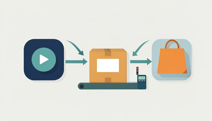 Two app icons, a video circle and a shopping bag, feeding one parcel with a blank shipping label on a conveyor