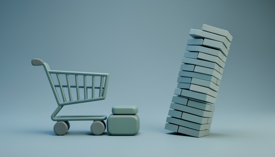 Conceptual illustration of a shopping cart icon connected to a few built-in blocks instead of a tall stack of separate app tiles, evoking fewer ecommerce app fees