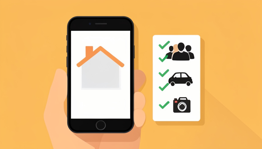 Conceptual illustration of a phone showing a house listing beside a checklist with checkmarks next to guest, parking, and camera icons, evoking capturing rental rules before booking