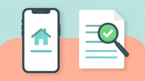 A phone showing a house listing beside a document with a checkmark inside a magnifying glass