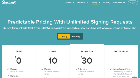 SignWell pricing page showing flat plans with unlimited documents, a low-cost DocuSign alternative for freelancers