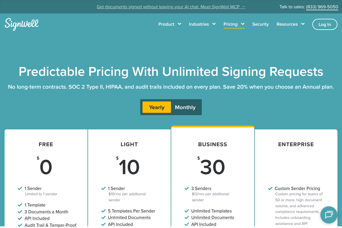 SignWell pricing page showing flat plans with unlimited documents, a low-cost DocuSign alternative for freelancers