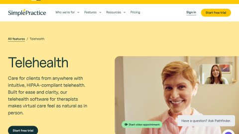 SimplePractice Telehealth feature page
