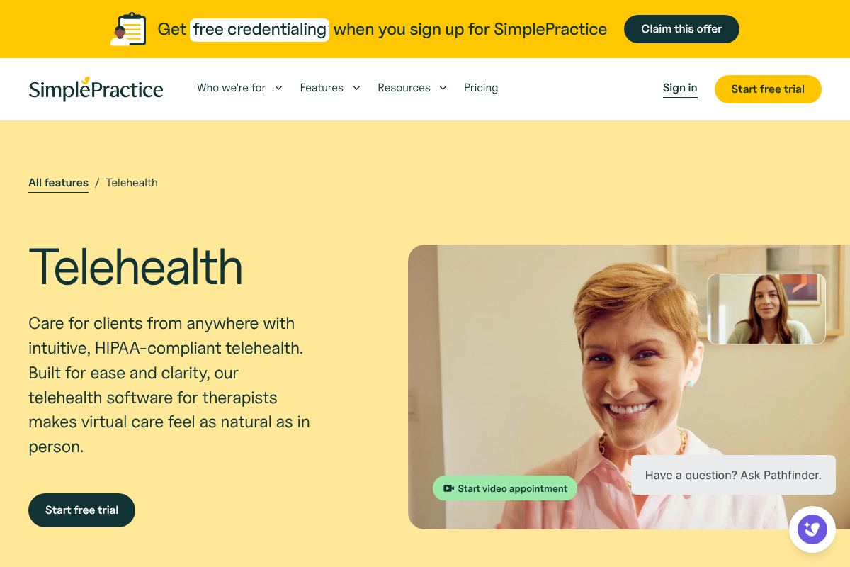 SimplePractice Telehealth feature page