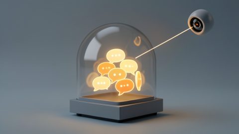 Glowing chat bubbles protected under a clear glass dome on a small server base, with an outside camera-eye scanning beam deflecting off the surface