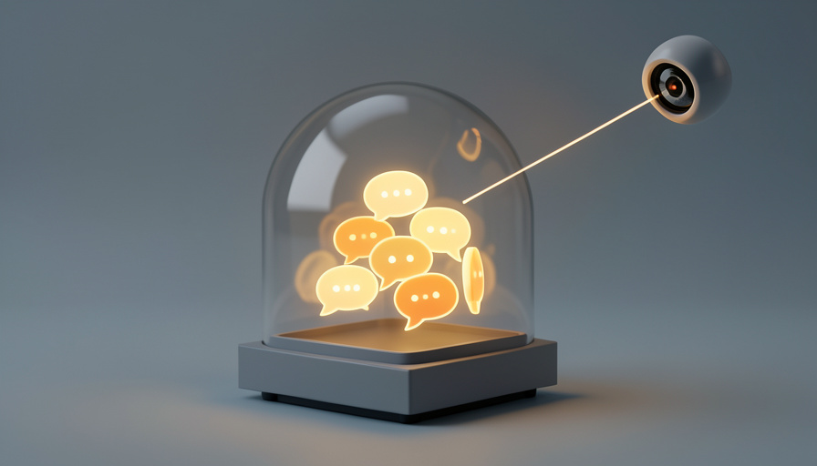 Glowing chat bubbles protected under a clear glass dome on a small server base, with an outside camera-eye scanning beam deflecting off the surface