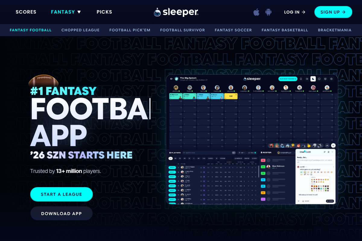 Sleeper fantasy football app product page, a mobile-first platform for managing fantasy rosters and waivers