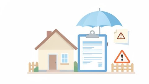 A house with an insurance clipboard, umbrella, fence, and caution signs
