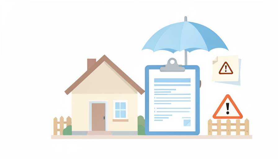 A house with an insurance clipboard, umbrella, fence, and caution signs