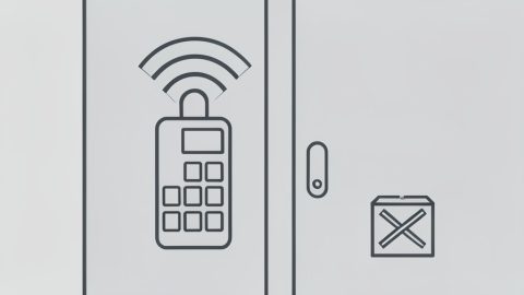 Conceptual illustration of a smart deadbolt on a door with a Wi-Fi signal arc and a keypad motif beside a crossed-out hub box, evoking a smart lock that works without a hub
