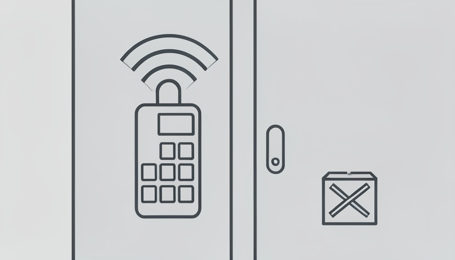Conceptual illustration of a smart deadbolt on a door with a Wi-Fi signal arc and a keypad motif beside a crossed-out hub box, evoking a smart lock that works without a hub