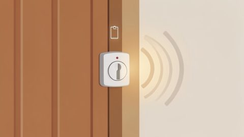 Conceptual illustration of a smart deadbolt on a door with a low-battery symbol and small radio waves around it, evoking auto-unlock draining the lock's battery