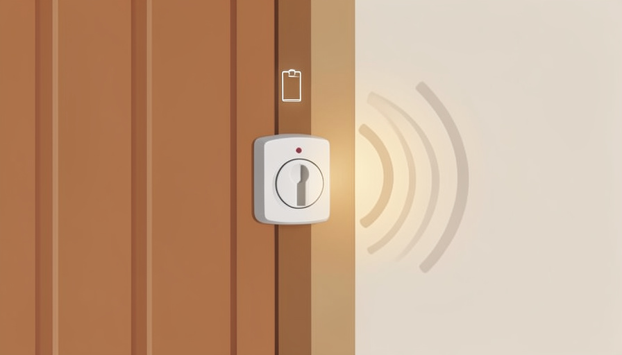 Conceptual illustration of a smart deadbolt on a door with a low-battery symbol and small radio waves around it, evoking auto-unlock draining the lock's battery