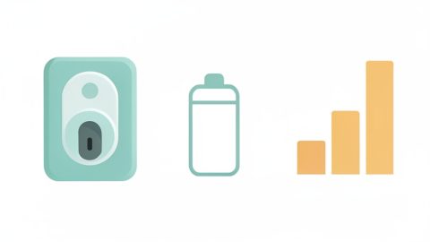 Conceptual illustration of a smart deadbolt beside a simple battery symbol and an abstract bar-chart shape with no numbers, evoking smart lock battery drain data