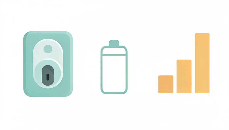 Conceptual illustration of a smart deadbolt beside a simple battery symbol and an abstract bar-chart shape with no numbers, evoking smart lock battery drain data