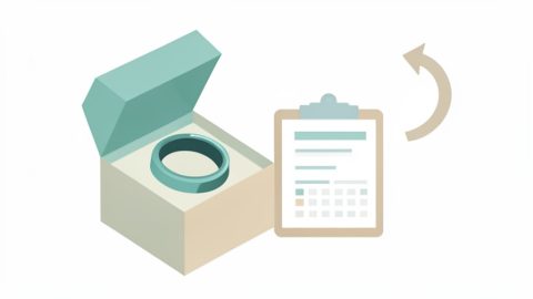 A smart ring in an open box beside a return checklist and a return arrow