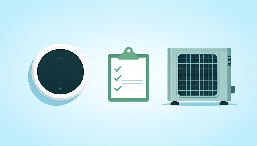 Conceptual illustration of a round wall thermostat beside a heat pump unit with a checklist and wiring terminals, evoking heat pump compatibility checks