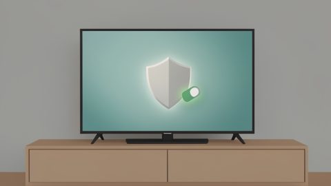Conceptual illustration of a living-room television with a small shield and a toggle switch overlay, evoking smart TV privacy settings