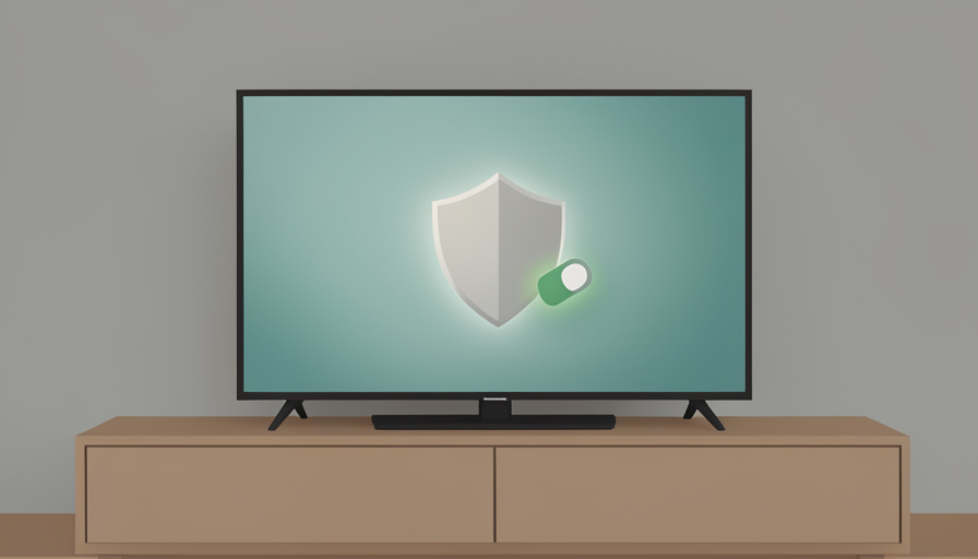 Conceptual illustration of a living-room television with a small shield and a toggle switch overlay, evoking smart TV privacy settings