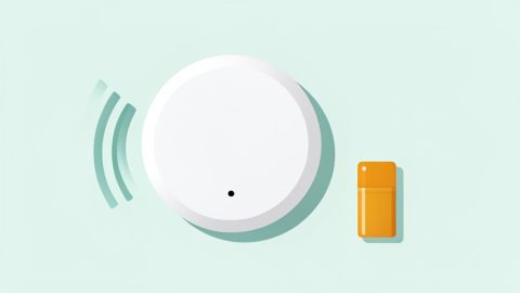 Conceptual illustration of a round ceiling smoke alarm emitting a small sound-wave chirp with a fresh battery symbol beside it, evoking a smoke alarm that keeps chirping after a battery change
