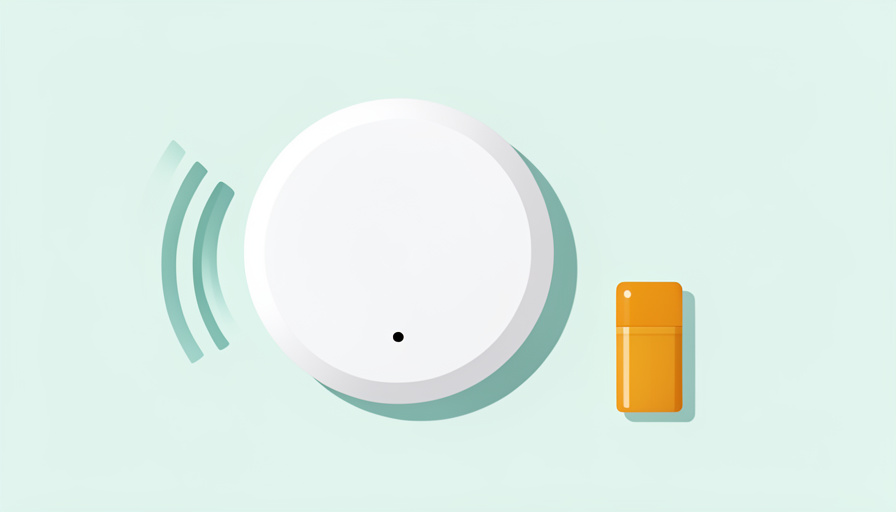 Conceptual illustration of a round ceiling smoke alarm emitting a small sound-wave chirp with a fresh battery symbol beside it, evoking a smoke alarm that keeps chirping after a battery change