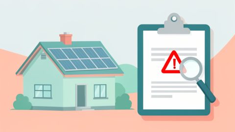 A house with rooftop solar panels beside a clipboard contract marked with a red warning triangle and a magnifier