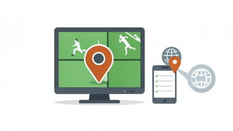 A TV showing a sports broadcast with a location pin and no-signal symbol, a phone with a map, and a checklist