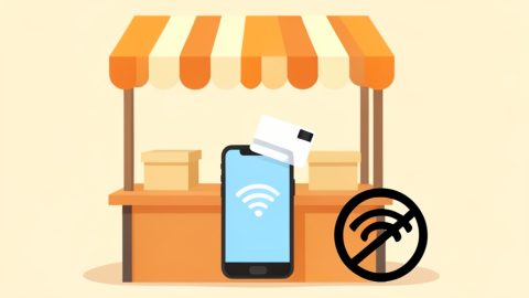 Conceptual illustration of a phone accepting a contactless card tap at a market stall with a crossed-out Wi-Fi symbol nearby, evoking taking card payments in a dead zone