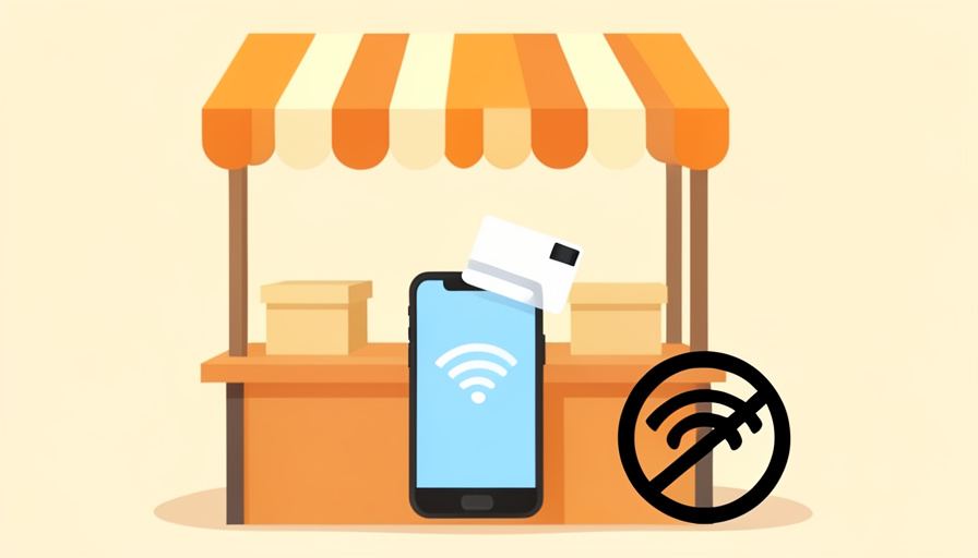 Conceptual illustration of a phone accepting a contactless card tap at a market stall with a crossed-out Wi-Fi symbol nearby, evoking taking card payments in a dead zone