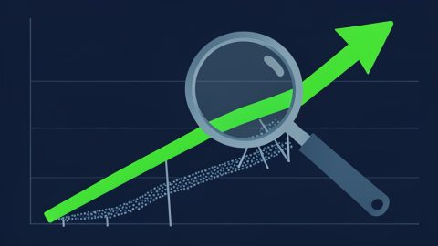 Conceptual illustration of a rising revenue chart with a magnifying glass revealing gaps beneath the line, evoking scrutiny of startup metrics