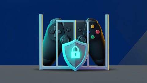 Conceptual illustration of a game controller behind a locked gate with an age-check padlock