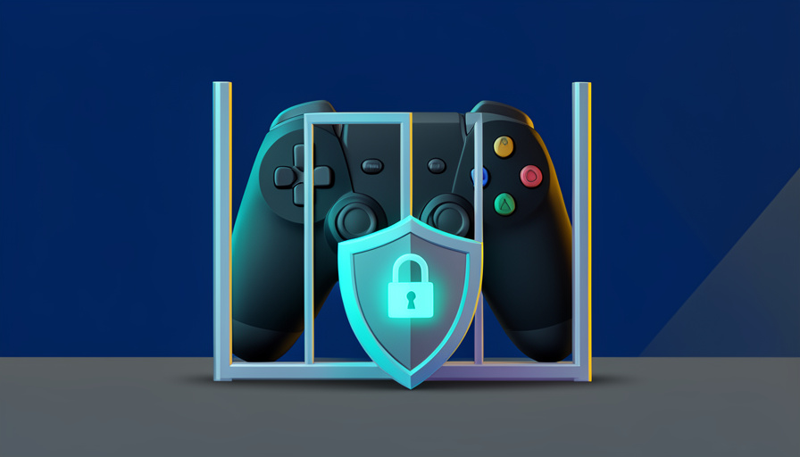 Conceptual illustration of a game controller behind a locked gate with an age-check padlock