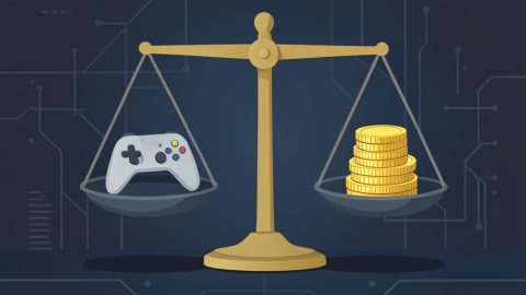 Conceptual illustration of a balance scale weighing a game controller against stacks of coins, evoking a debate over fair platform policies