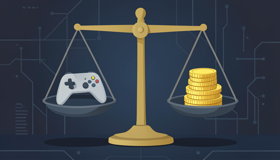 Conceptual illustration of a balance scale weighing a game controller against stacks of coins, evoking a debate over fair platform policies