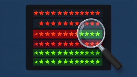 Conceptual illustration of star-rating icons on a screen with some flagged as suspicious, representing review moderation