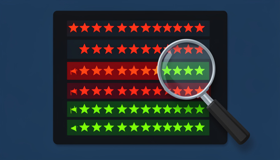 Conceptual illustration of star-rating icons on a screen with some flagged as suspicious, representing review moderation
