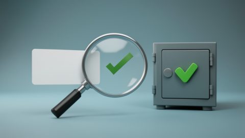 Conceptual illustration of a payment card moving through a magnifying-glass review into a stable vault, evoking underwritten high-risk payment processing