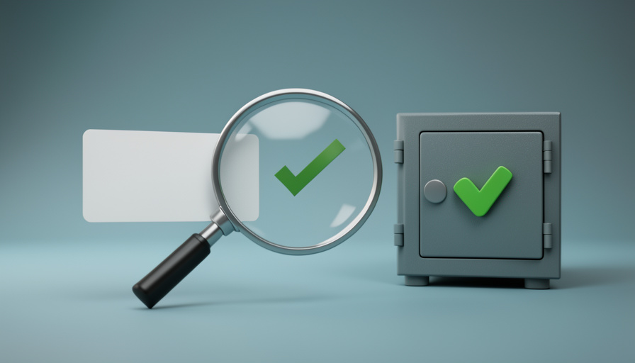 Conceptual illustration of a payment card moving through a magnifying-glass review into a stable vault, evoking underwritten high-risk payment processing