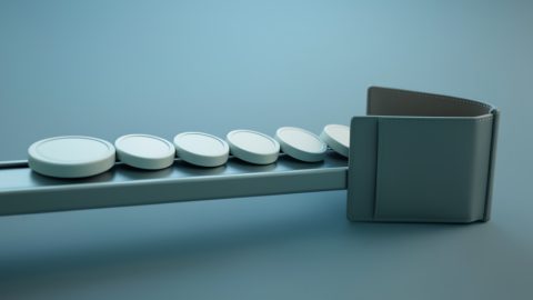 Conceptual illustration of recurring payment coins moving on a steady conveyor into a wallet, evoking predictable subscription payouts without holds