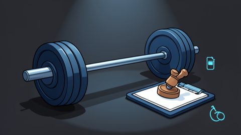 Conceptual illustration of a loaded barbell beside a clipboard and certification stamp, representing record verification