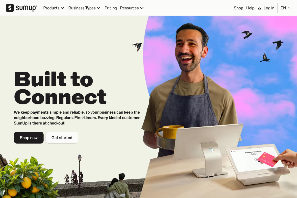 SumUp US homepage, a mobile card-payment service offering Tap to Pay on iPhone for small vendors