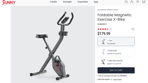 Sunny Health & Fitness foldable magnetic exercise X-bike shown folded for storage on its product page