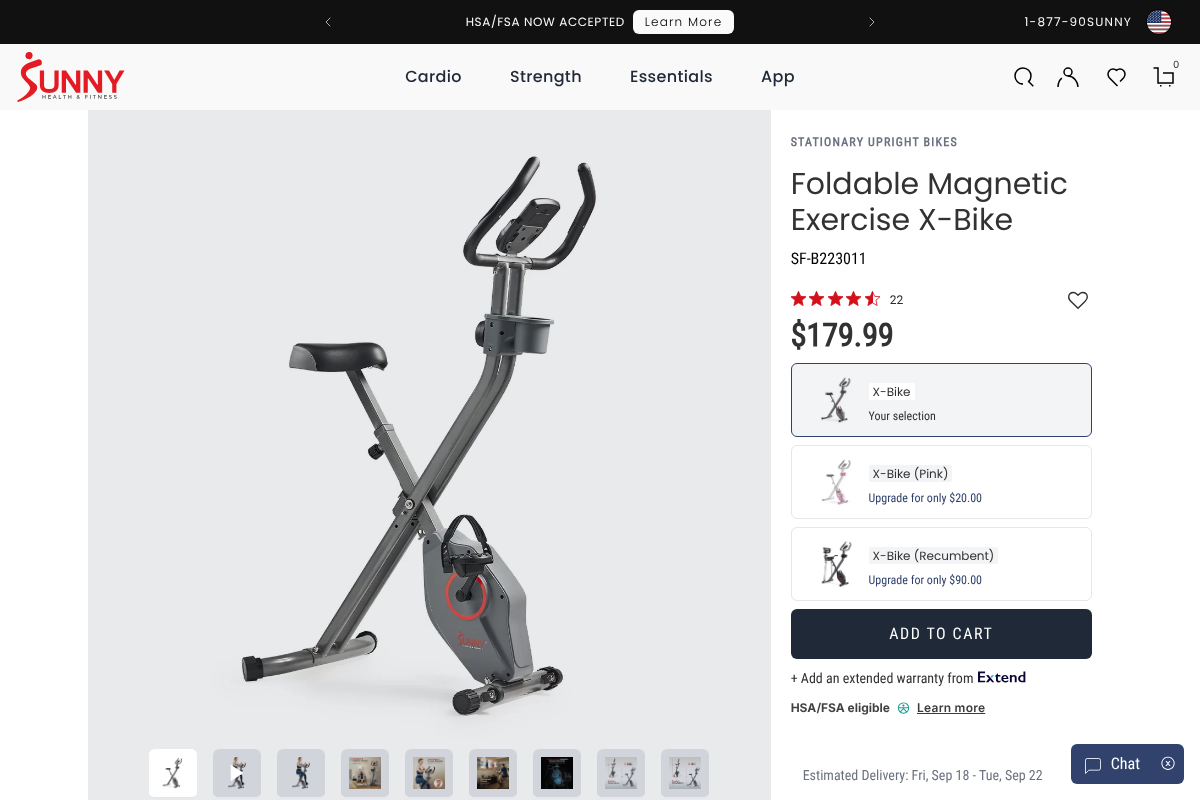 Sunny Health & Fitness foldable magnetic exercise X-bike shown folded for storage on its product page